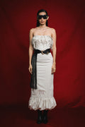 Vestido Strapless Flecos y Ruedo Abullonado VUELO MAXI